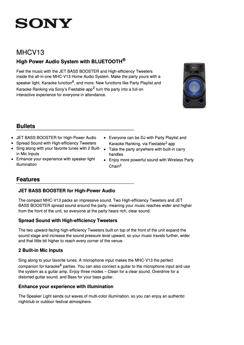 Page n°1 - Fiche technique Sony MHC-V13