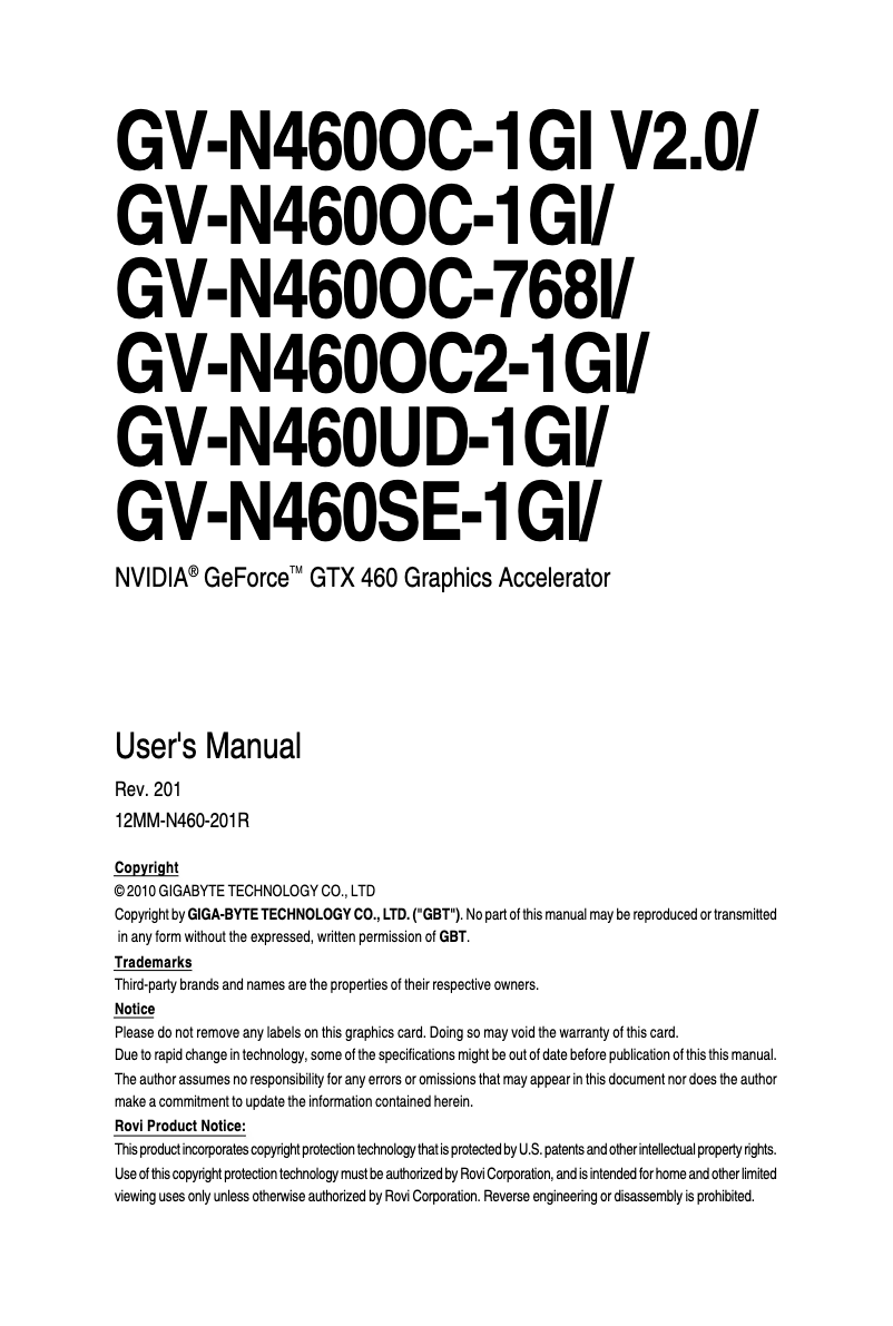 Page 1 de la notice Manuel utilisateur Gigabyte GV-N460OC-1GI