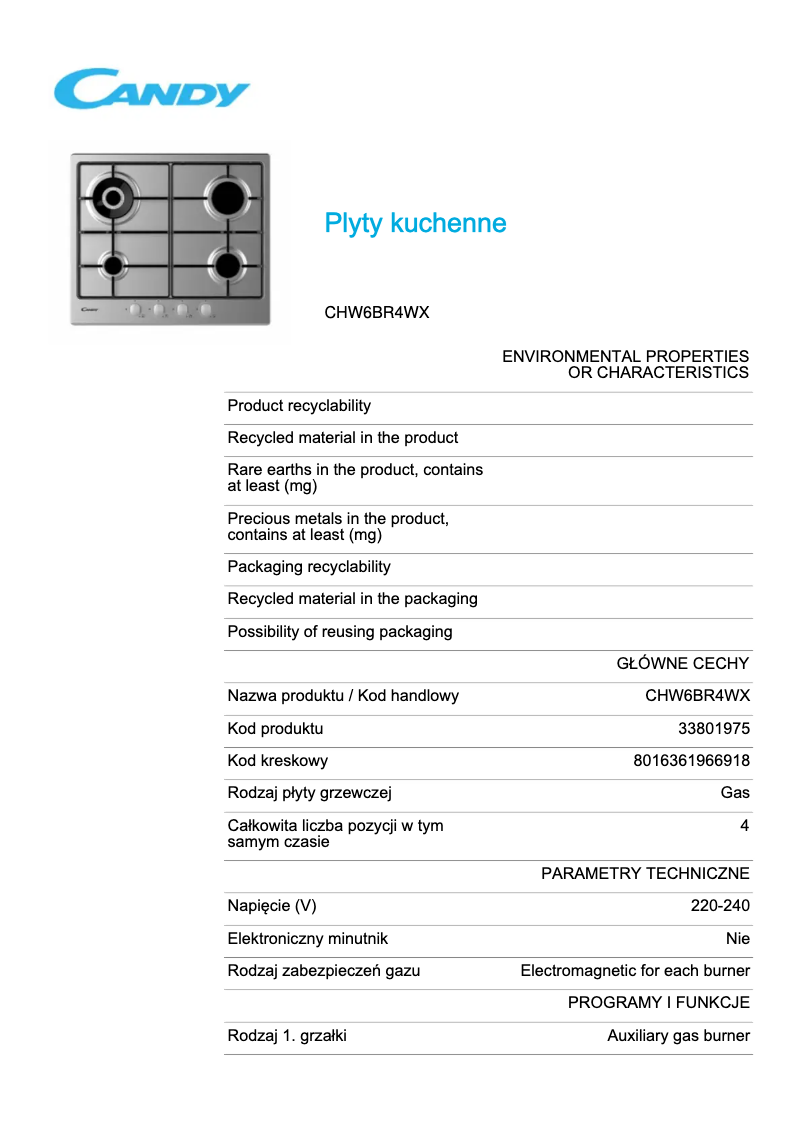 Page n°1 - Fiche technique Candy CHW6BR4WX