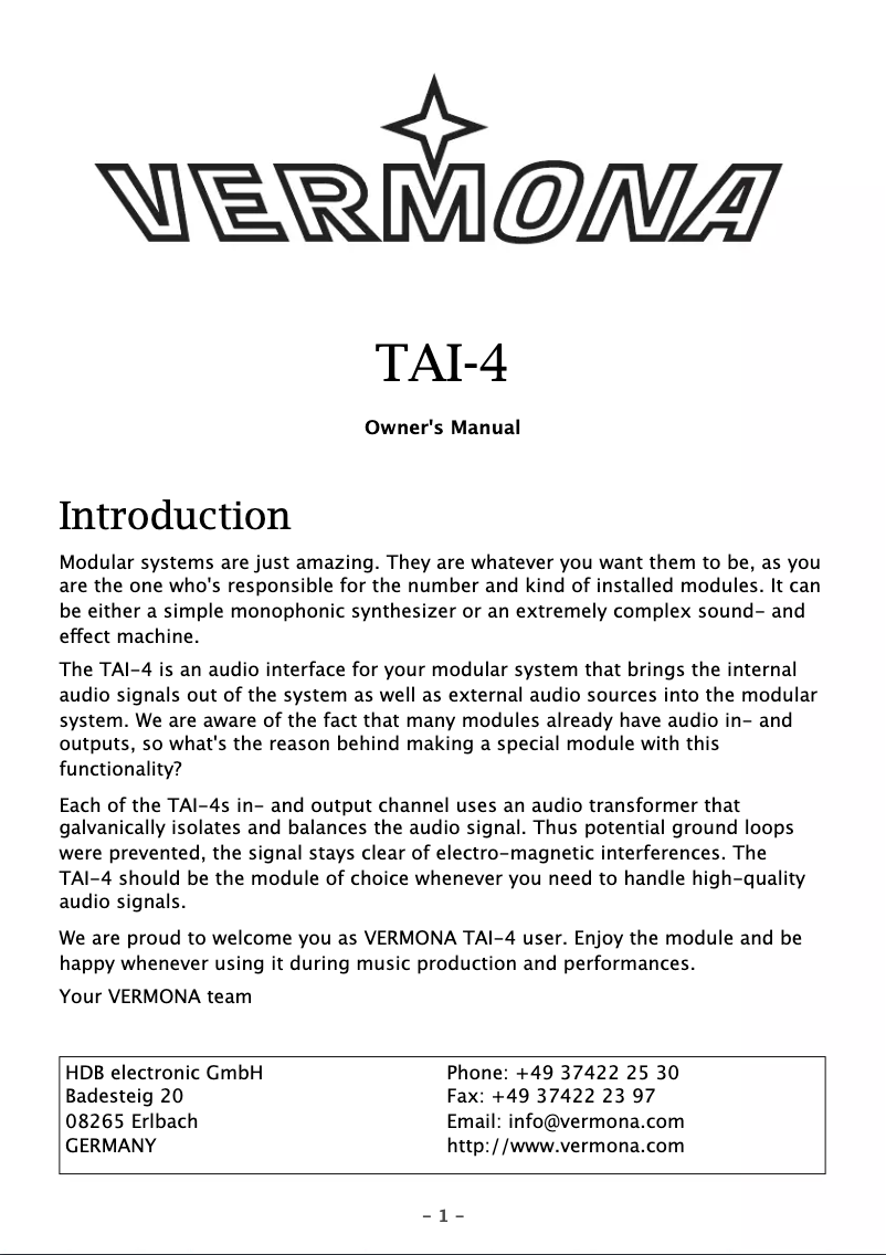 Page 1 de la notice Manuel utilisateur Vermona TAI-4