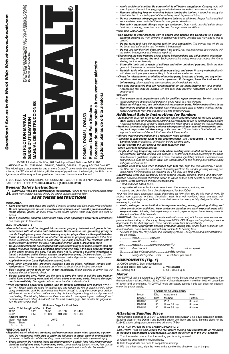 Page n°1 - Manuel utilisateur DeWalt D26450