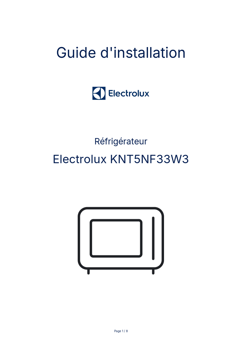 Page n°1 - Guide d'installation Electrolux KNT5NF33W3