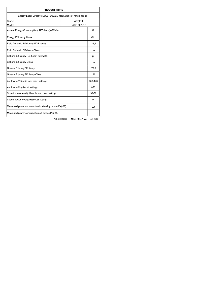 Page 1 de la notice Fiche technique Arçelik ADE 607-2 B