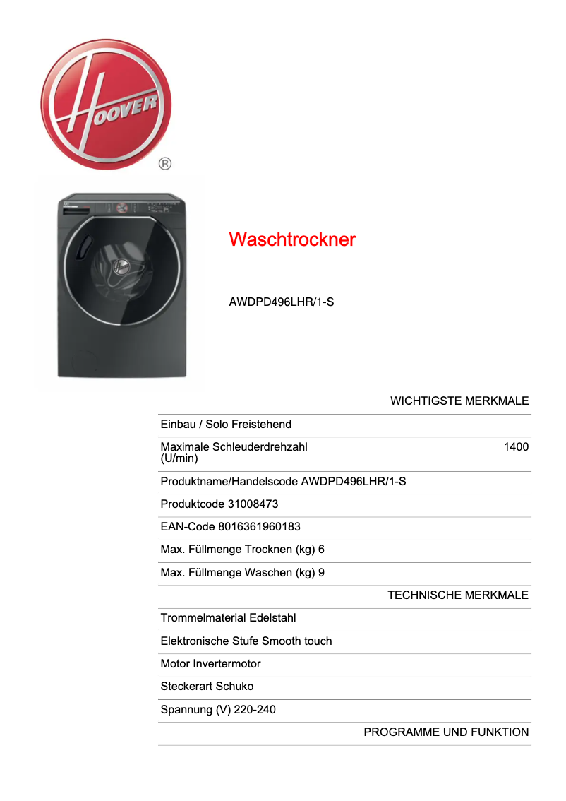 Page n°1 - Manuel utilisateur Hoover AXI AWDPD496LHR/1-S
