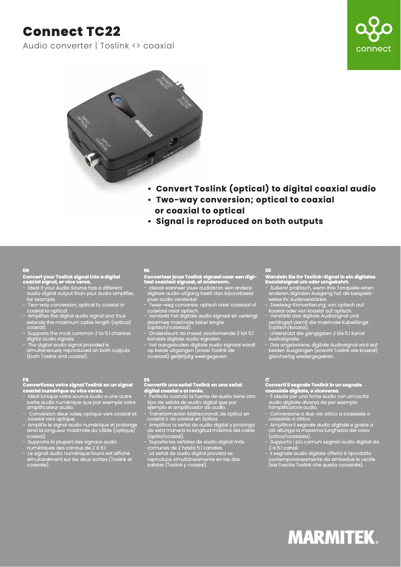 Página 1 del manual Ficha técnica Marmitek Connect TC22