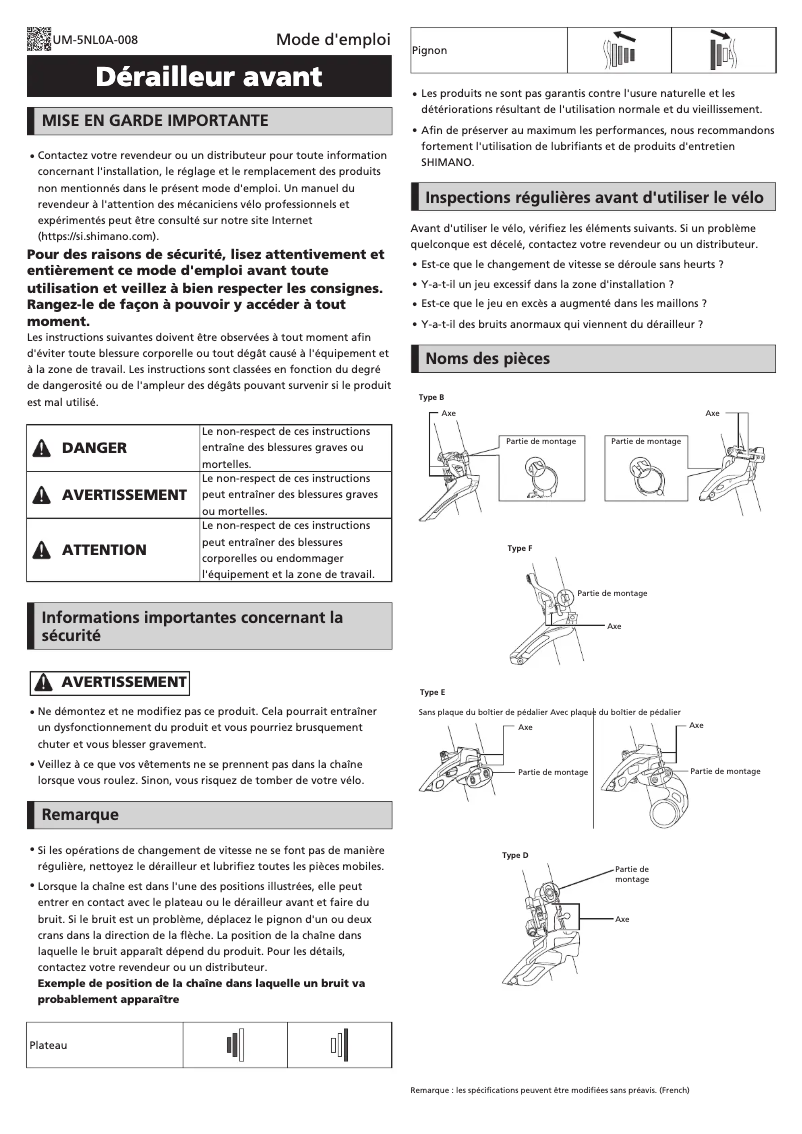 Page n°1 - Manuel utilisateur Shimano FD-3500-F