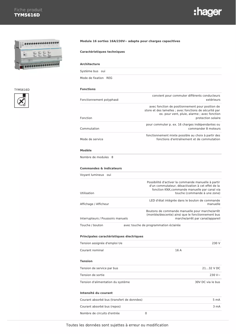 Page n°1 - Fiche technique Hager TYMS616D