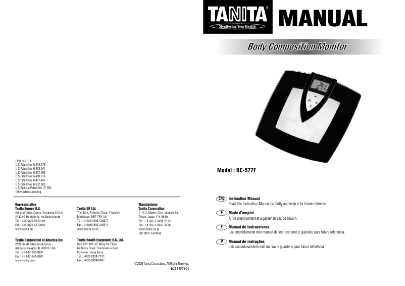 Page 1 de la notice Manuel utilisateur Tanita BC-577F