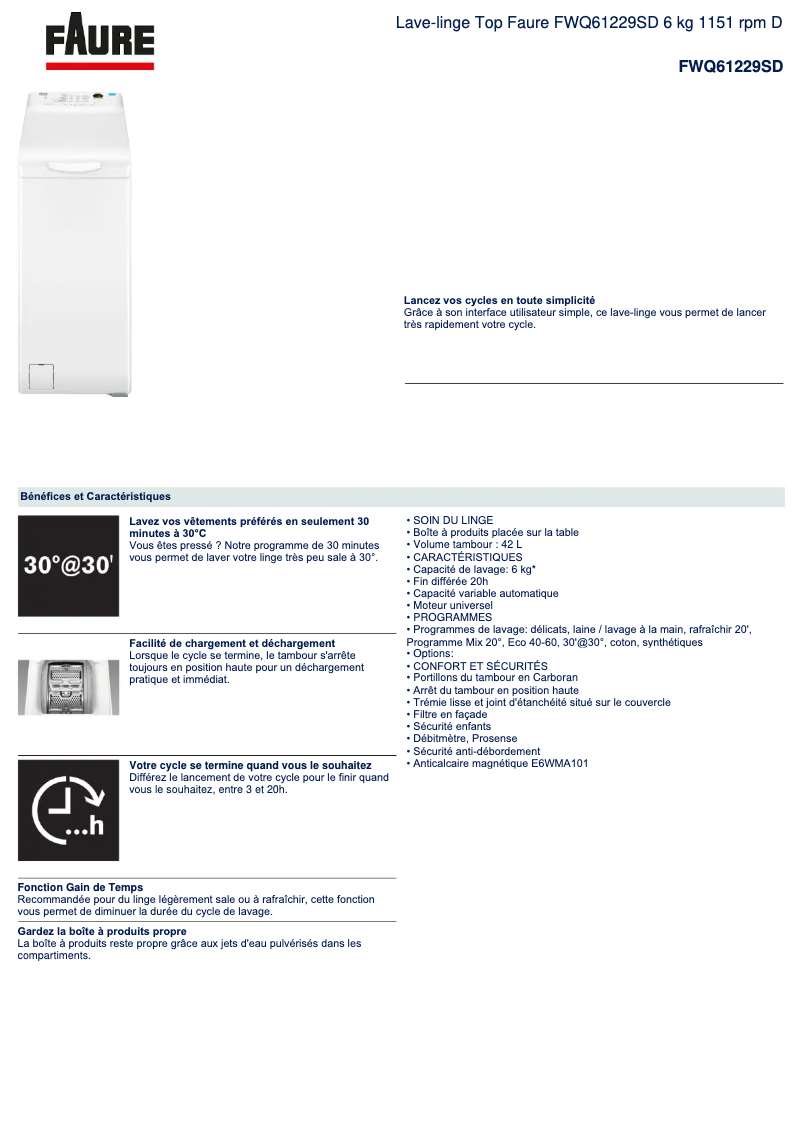 Page 1 de la notice Fiche technique Faure FWQ61229SD