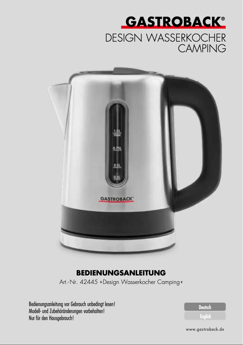 Page 1 de la notice Manuel utilisateur Gastroback Design Water Kettle Camping 42445
