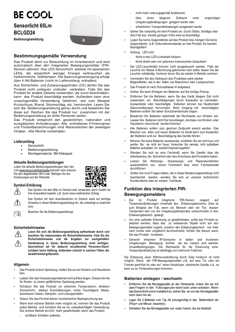 Page 1 de la notice Manuel utilisateur Be Cool BCLGD24