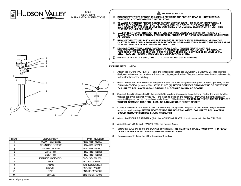 Page n°1 - Manuel utilisateur Hudson Valley KBS1752803-AGB/SWH