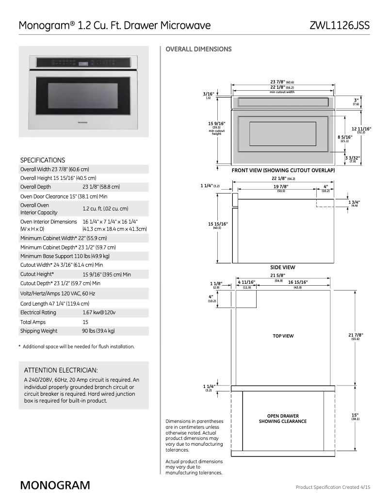 Page n°1 - Manuel utilisateur Monogram ZWL1126SJSS