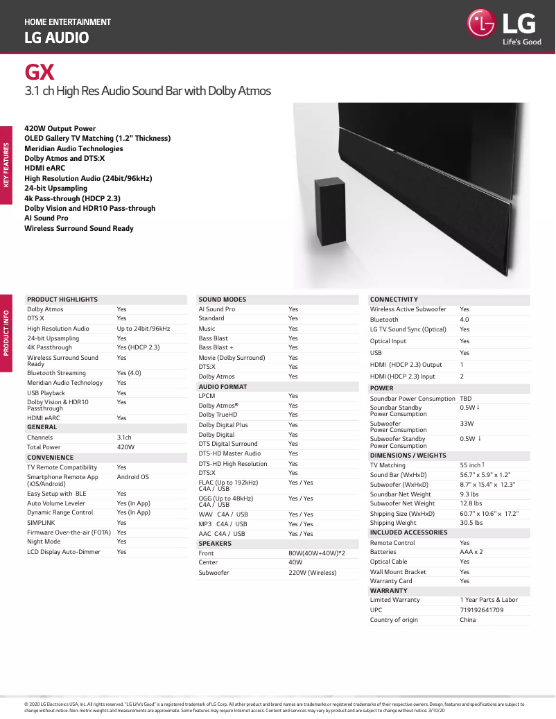 Page 1 de la notice Fiche technique LG GX