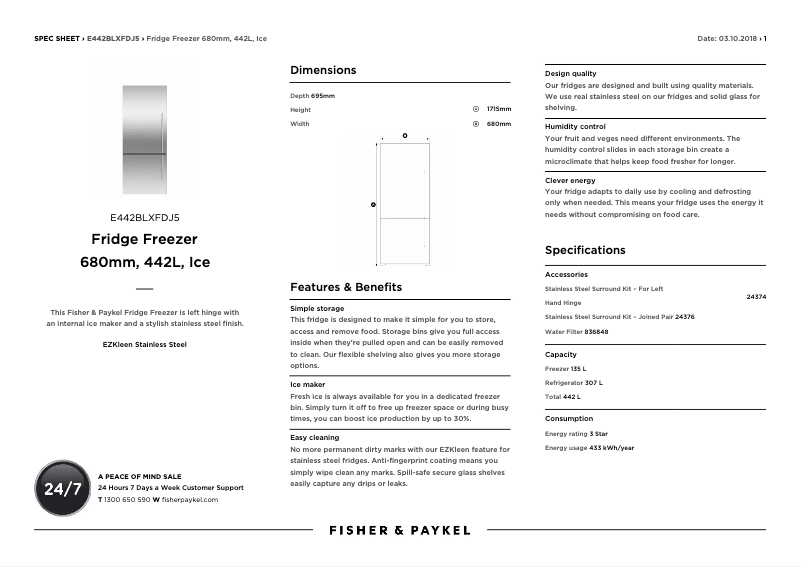 Página 1 del manual Ficha técnica Fisher & Paykel E442BLXFDJ5