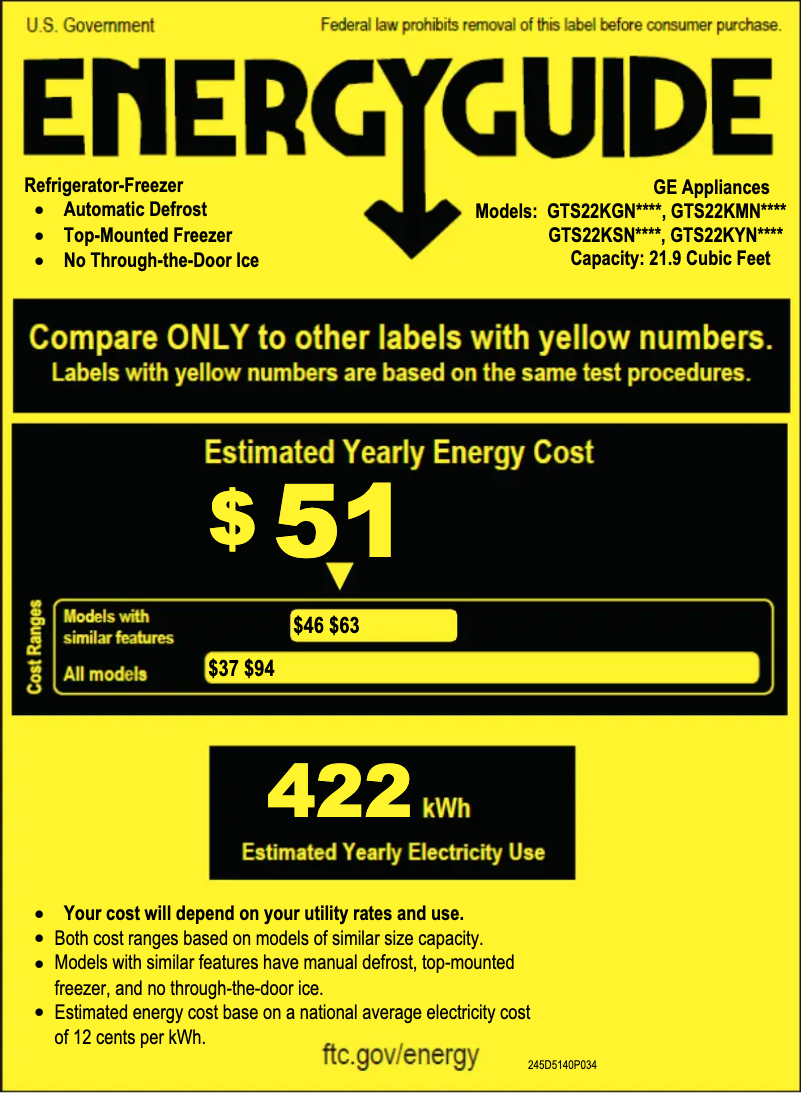 Page 1 de la notice Label énergétique GE GTS22KYNRFS