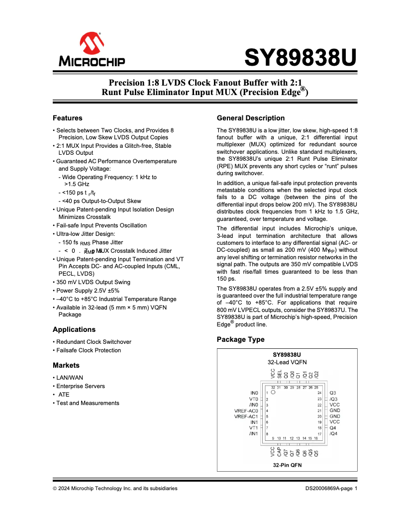 Page 1 de la notice Fiche technique Microchip SY89838U