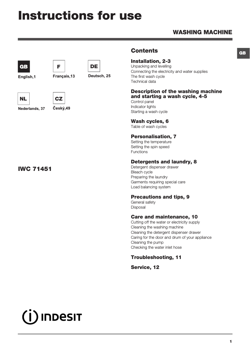 Page 1 de la notice Manuel utilisateur Indesit IWC 71451