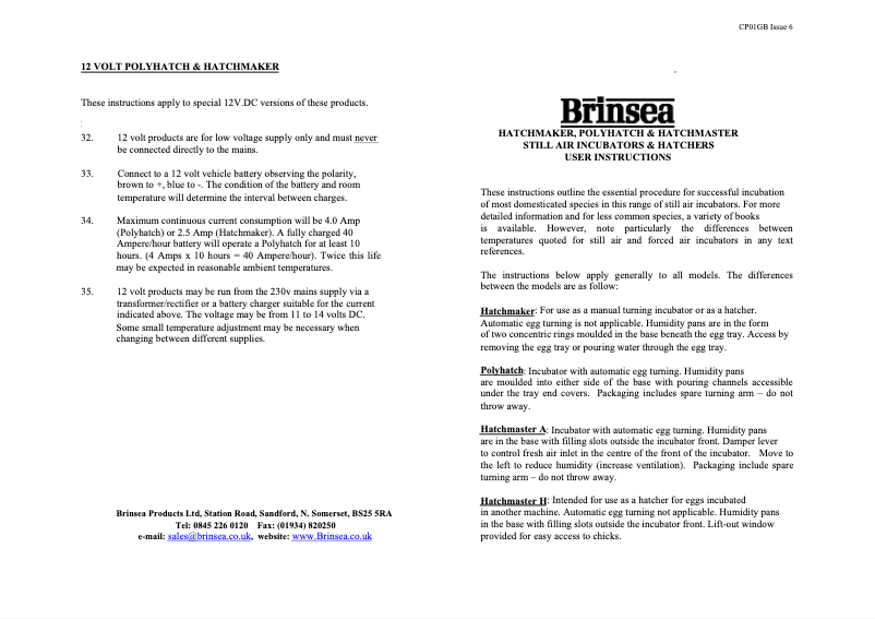 Page n°1 - Manuel utilisateur Brinsea Hatchmaster