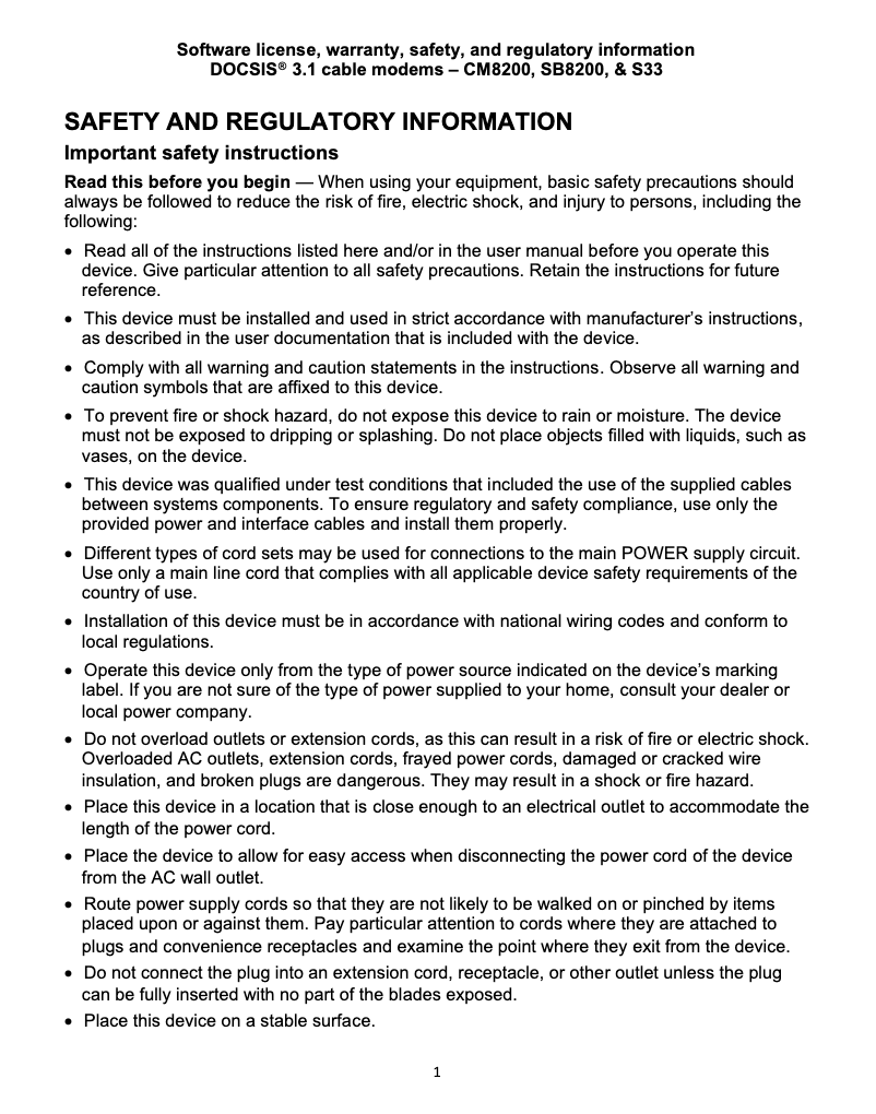 Page 1 de la notice Informations de garantie Arris SURFboard S33 DOCSIS