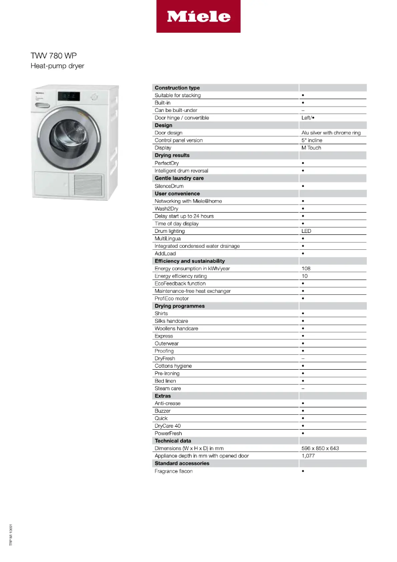Page n°1 - Fiche technique Miele TWV780WPS