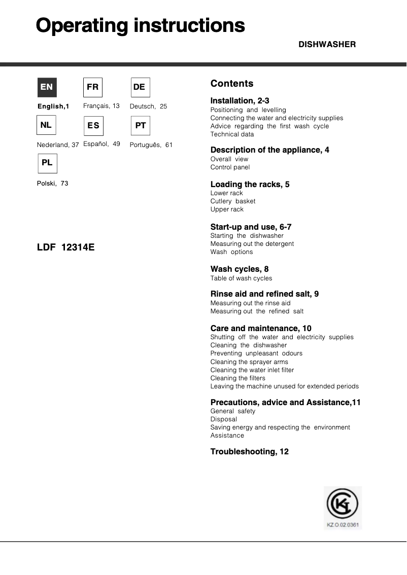 Page 1 de la notice Manuel utilisateur Hotpoint Ariston LDF 12314E X