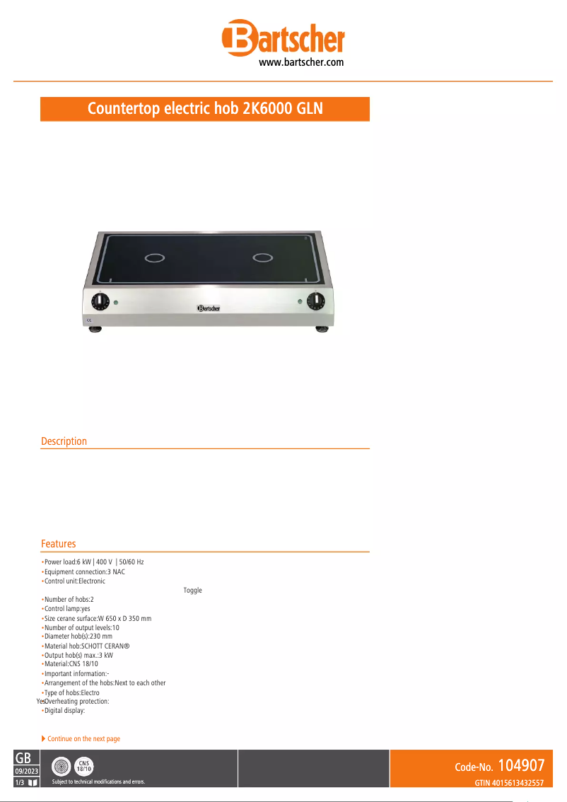 Page n°1 - Fiche technique Bartscher 2K6000 GLN