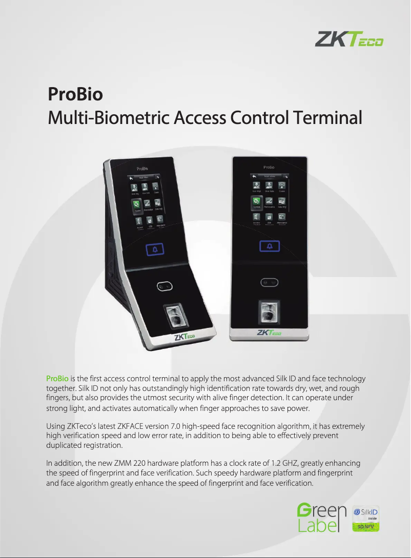 Page 1 de la notice Fiche technique ZKTeco ProBio