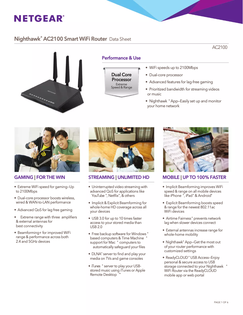 Page 1 de la notice Fiche technique Netgear Nighthawk AC2100