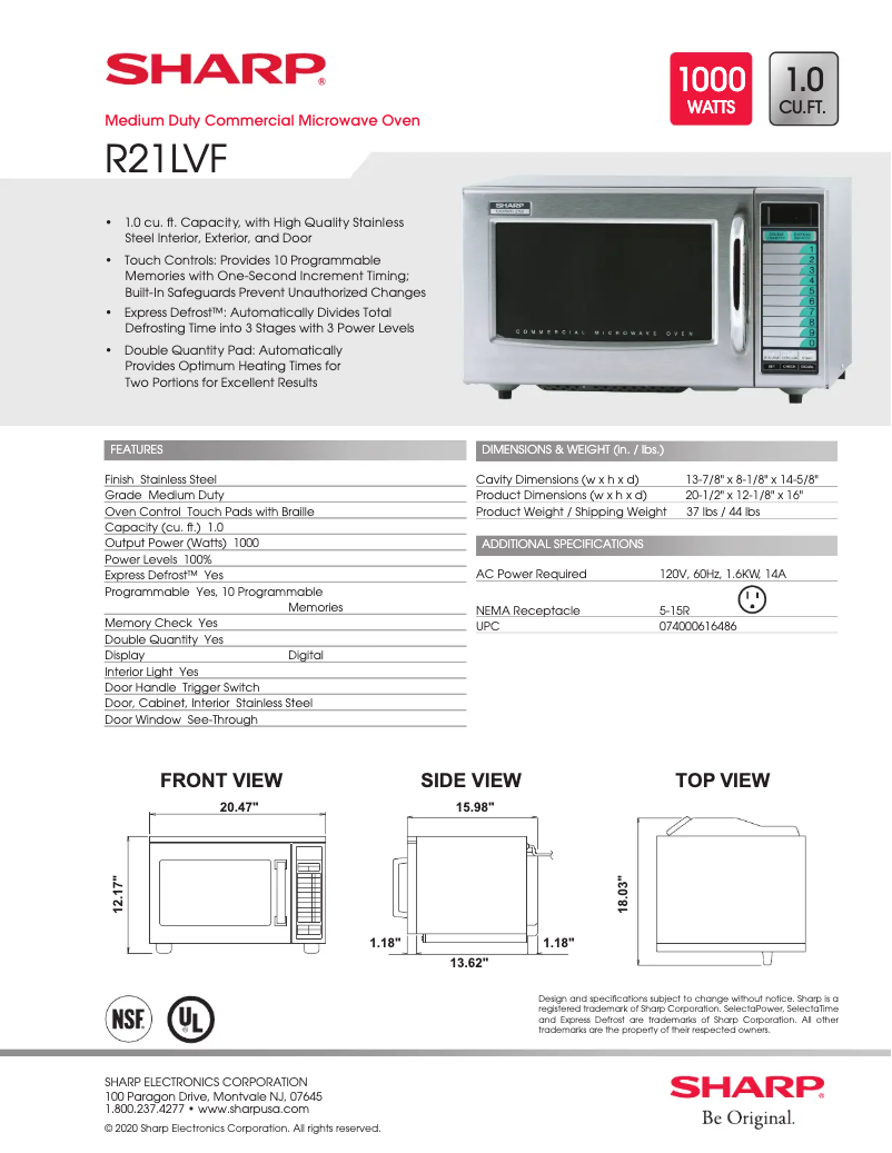 Page 1 de la notice Fiche technique Sharp R-21LVF