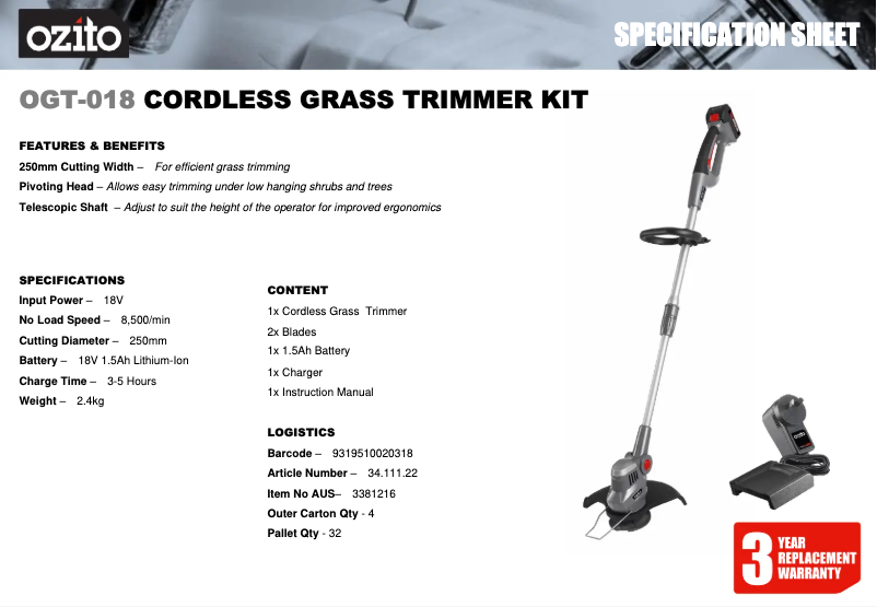 Page 1 de la notice Fiche technique Ozito OGT-018