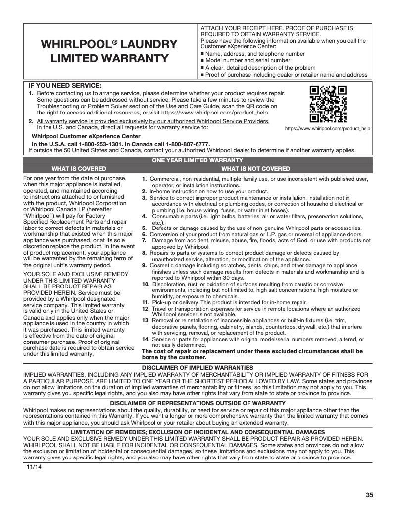 Page 1 of the manual Warranty Information Whirlpool WFW5090JW