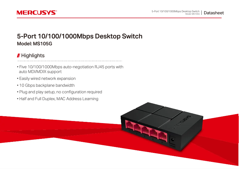 Page 1 de la notice Fiche technique Mercusys MS105G