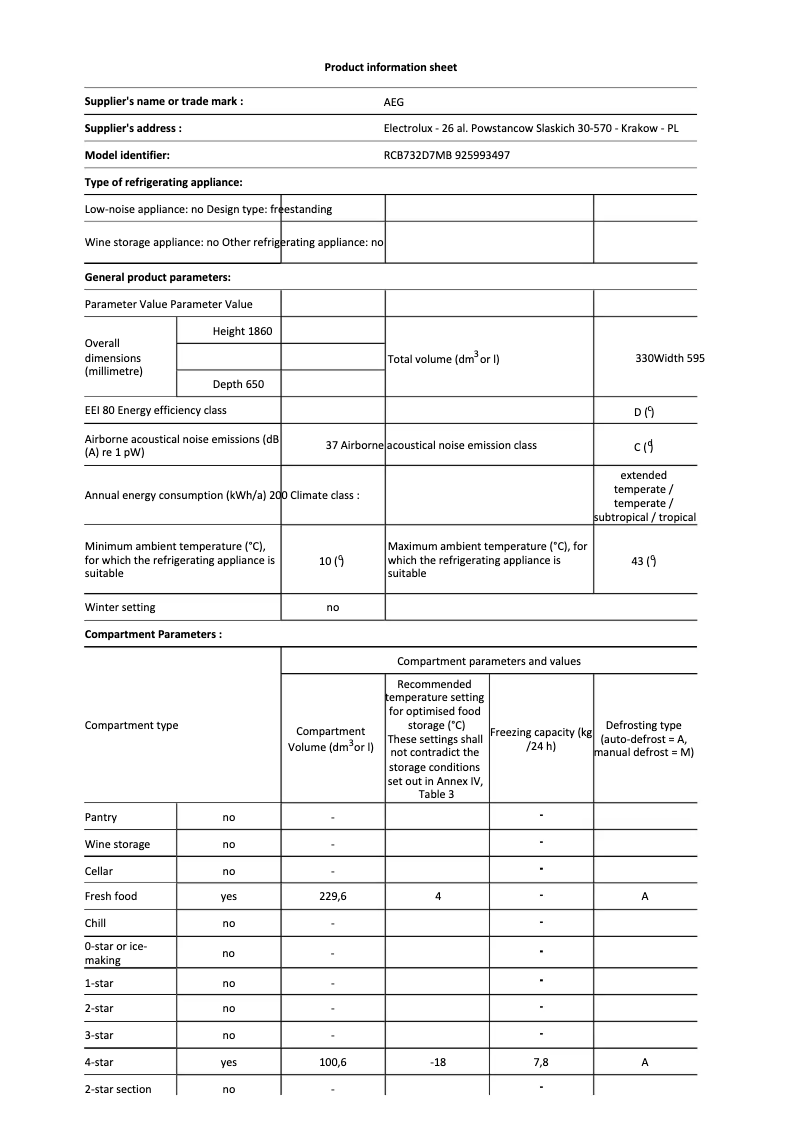 Page 1 de la notice Fiche technique AEG RCB732D7MB