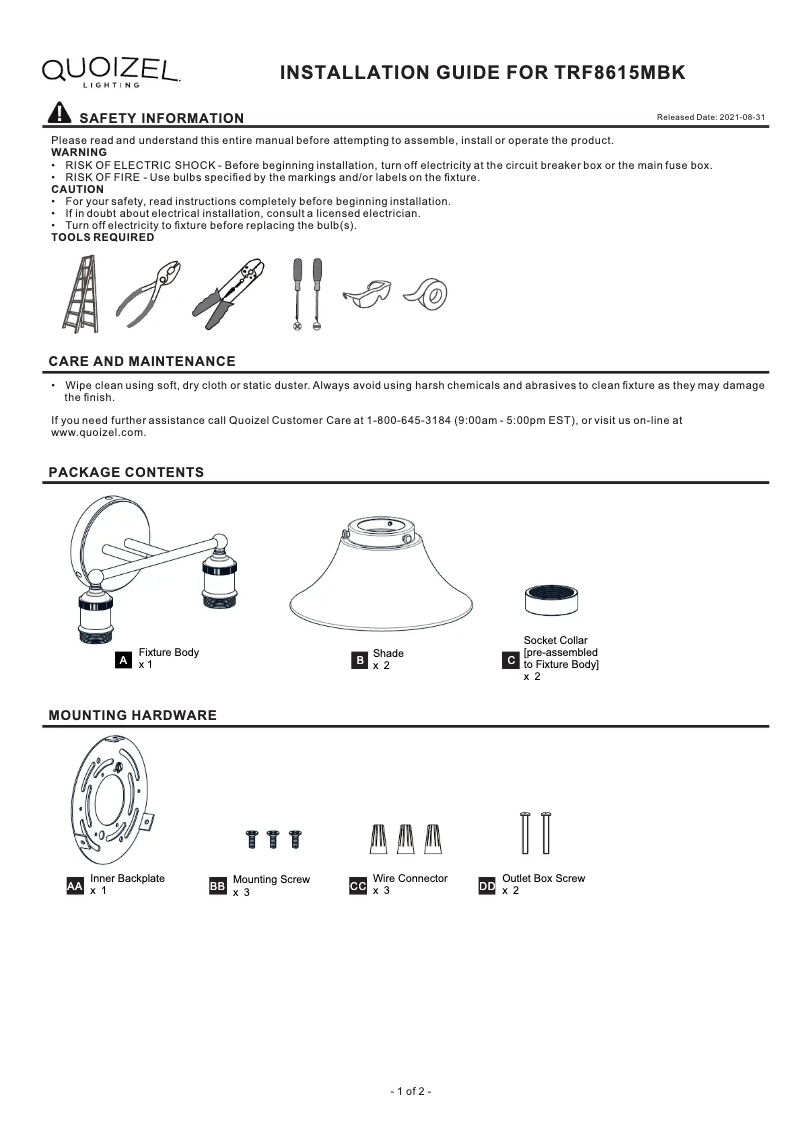 Page 1 de la notice Manuel utilisateur Quoizel Trafalgar TRF8615MBK