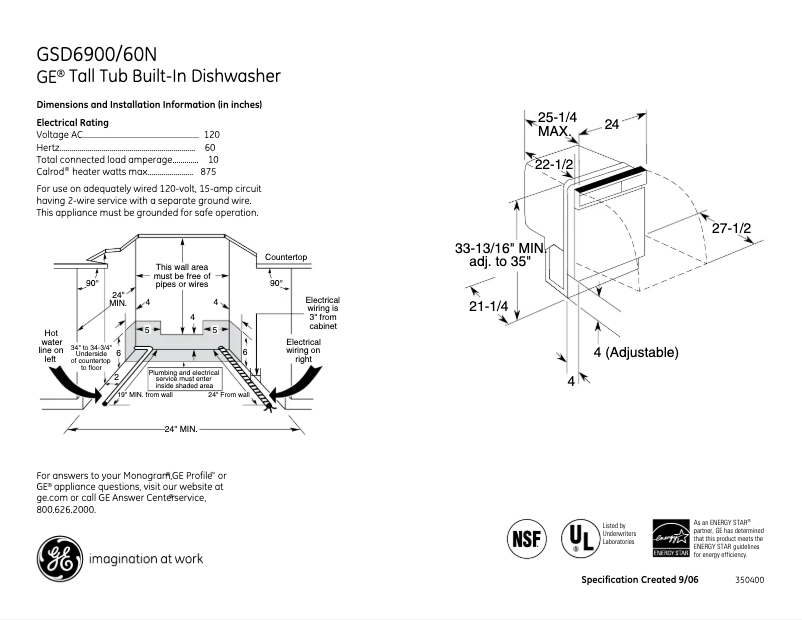 Page 1 de la notice Fiche technique GE GSD6900NCC