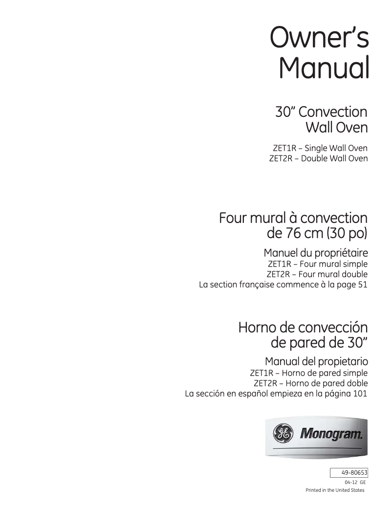 Page 1 de la notice Manuel d'utilisation et d'entretien GE ZET2RMSS