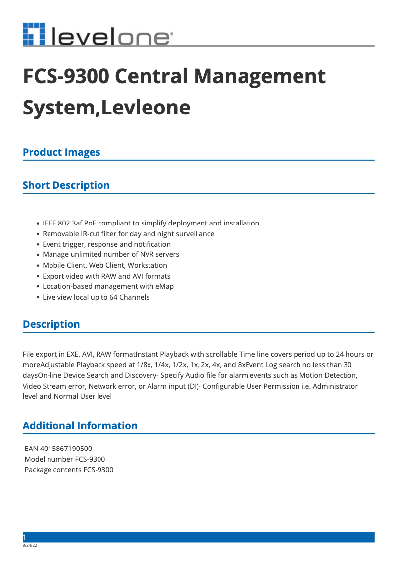 Page n°1 - Fiche technique LevelOne FCS-9300