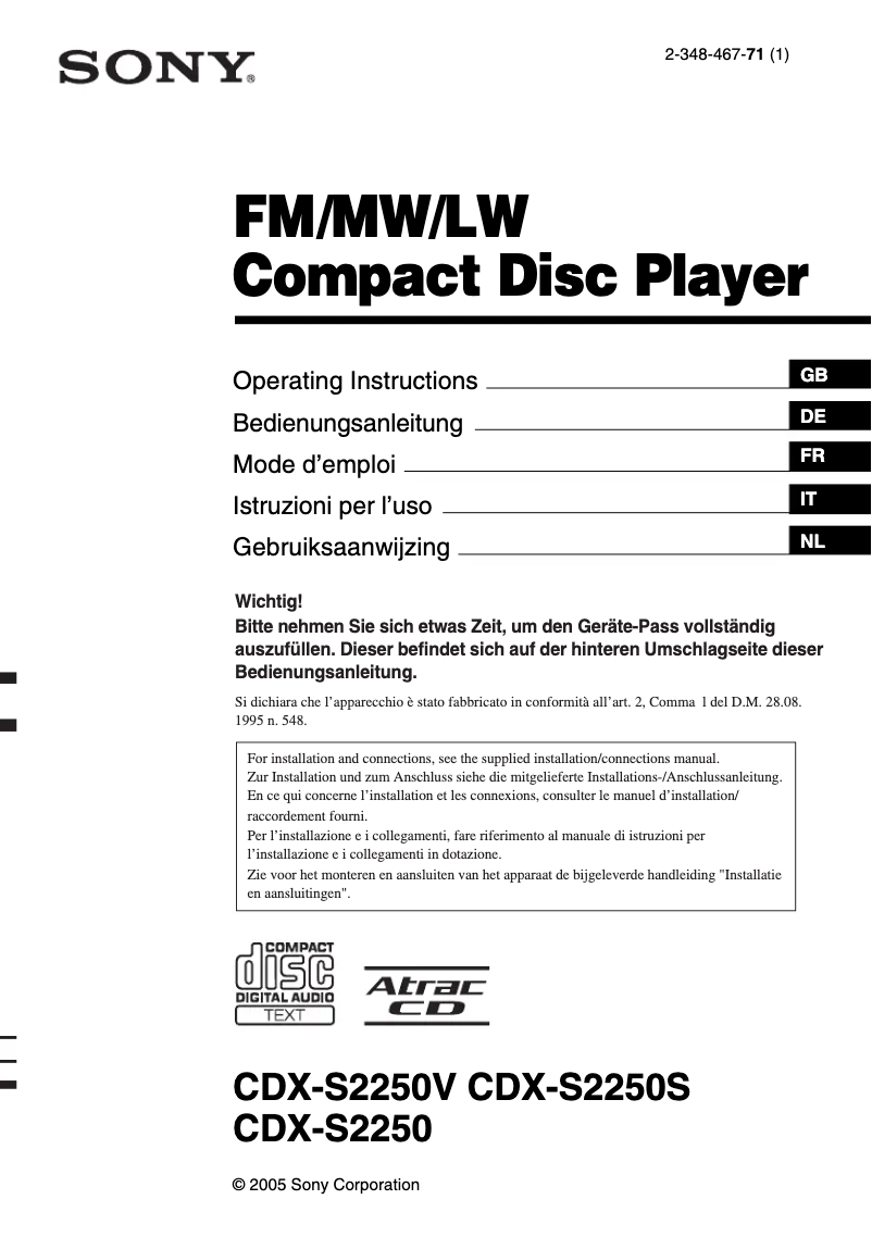 Image de la première page du manuel de l'appareil CDX-S2250S