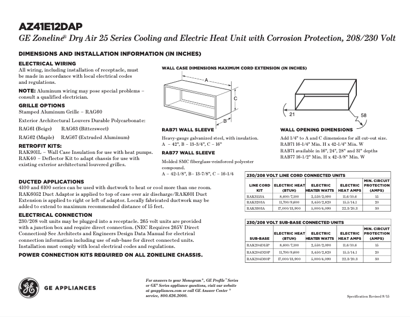 Page n°1 - Fiche technique GE AZ41E12DAP Zoneline