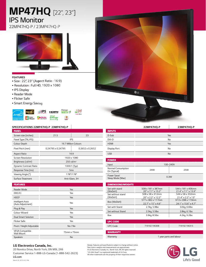 Page 1 de la notice Fiche technique LG 22MP47HQ