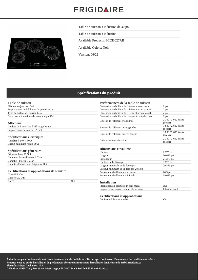 Página 1 del manual Ficha técnica Frigidaire FCCI3027AB