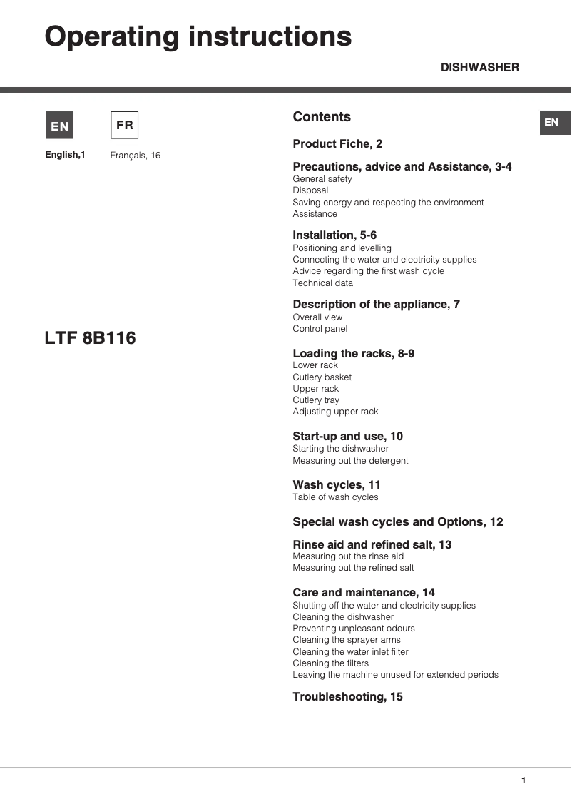 Page 1 de la notice Manuel utilisateur Hotpoint LTF 8B116 EU