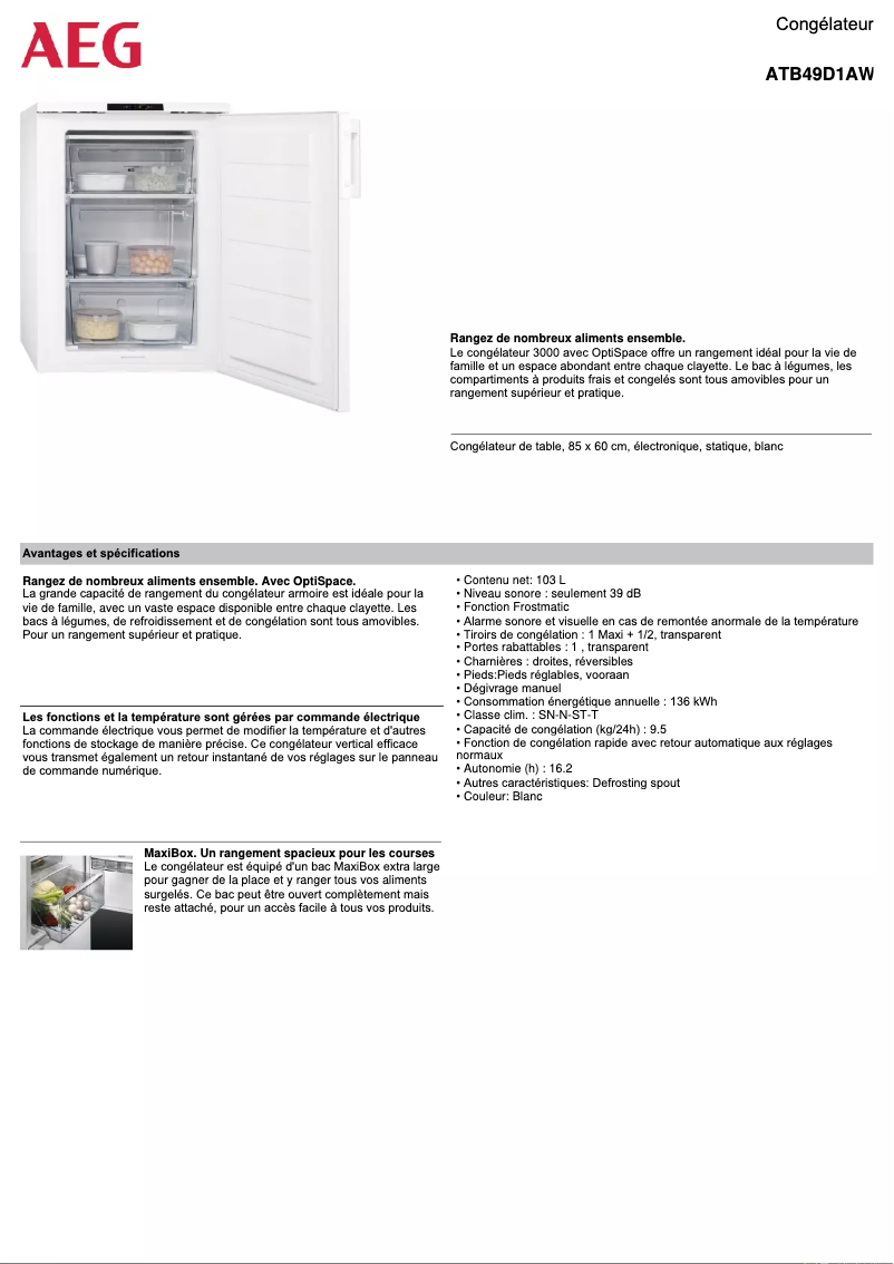 Page n°1 - Fiche technique AEG ATB49D1AW
