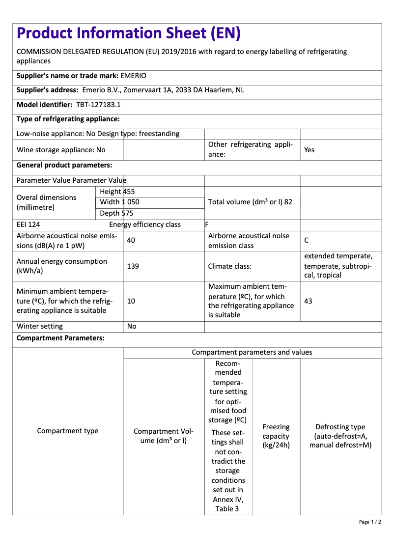 Page 1 de la notice Fiche technique Emerio TBT-127183.1