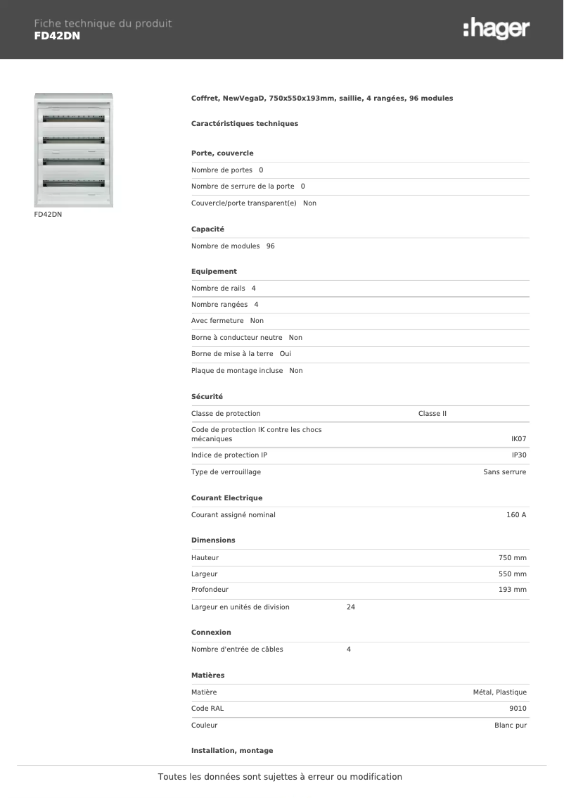 Page 1 de la notice Fiche technique Hager FD42DN