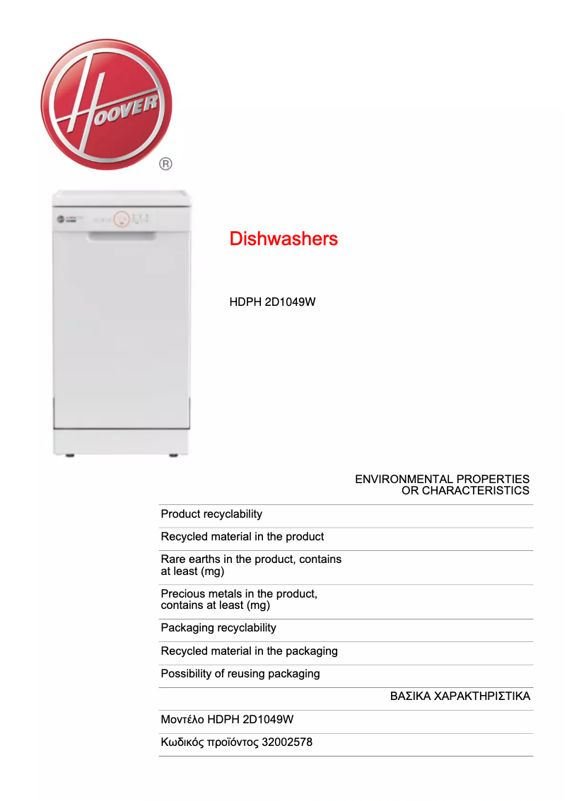 Page n°1 - Fiche technique Hoover H-DISH HRIN 2D522PB