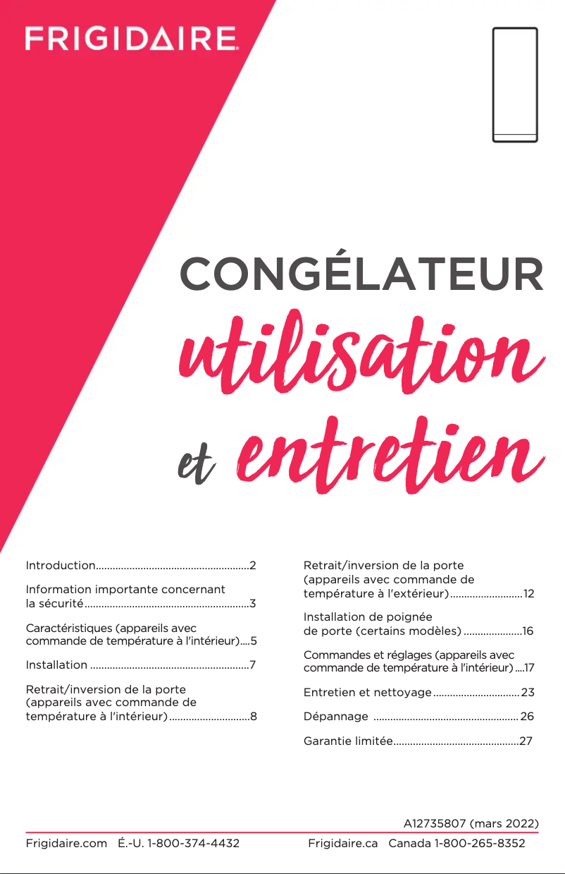 Page n°1 - Manuel utilisateur Frigidaire FFFU20F2VW