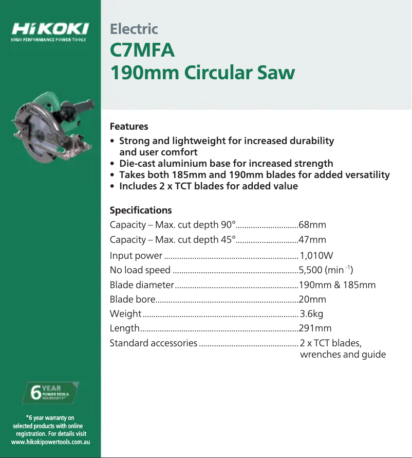 Page 1 de la notice Fiche technique HiKOKI C7MFA