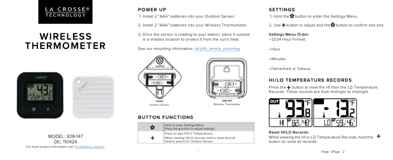 Page 1 de la notice Manuel utilisateur La Crosse Technology 308-147